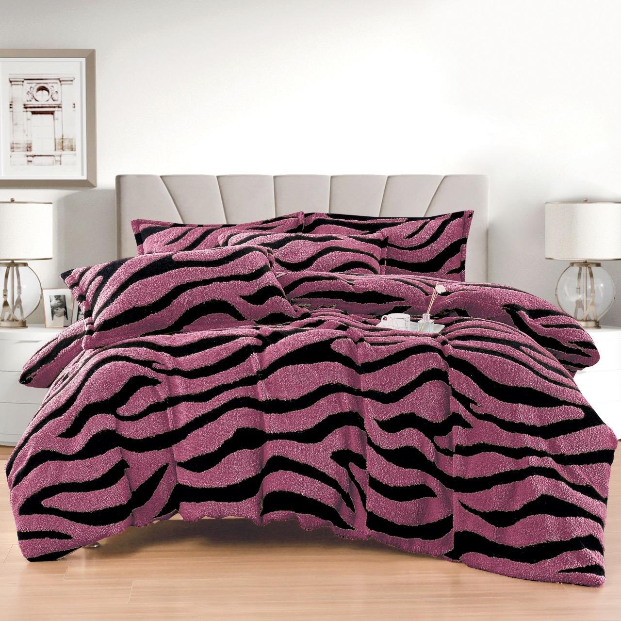 Lenjerie Pat Dublu Super Pufoasă, Cocolino Sherpa, 4 Piese, cu Elastic, Roz Închis/Zebra Print-F9750