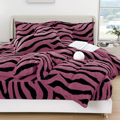 Lenjerie Pat Dublu Super Pufoasă, Cocolino Sherpa, 4 Piese, cu Elastic, Roz Închis/Zebra Print-F9750