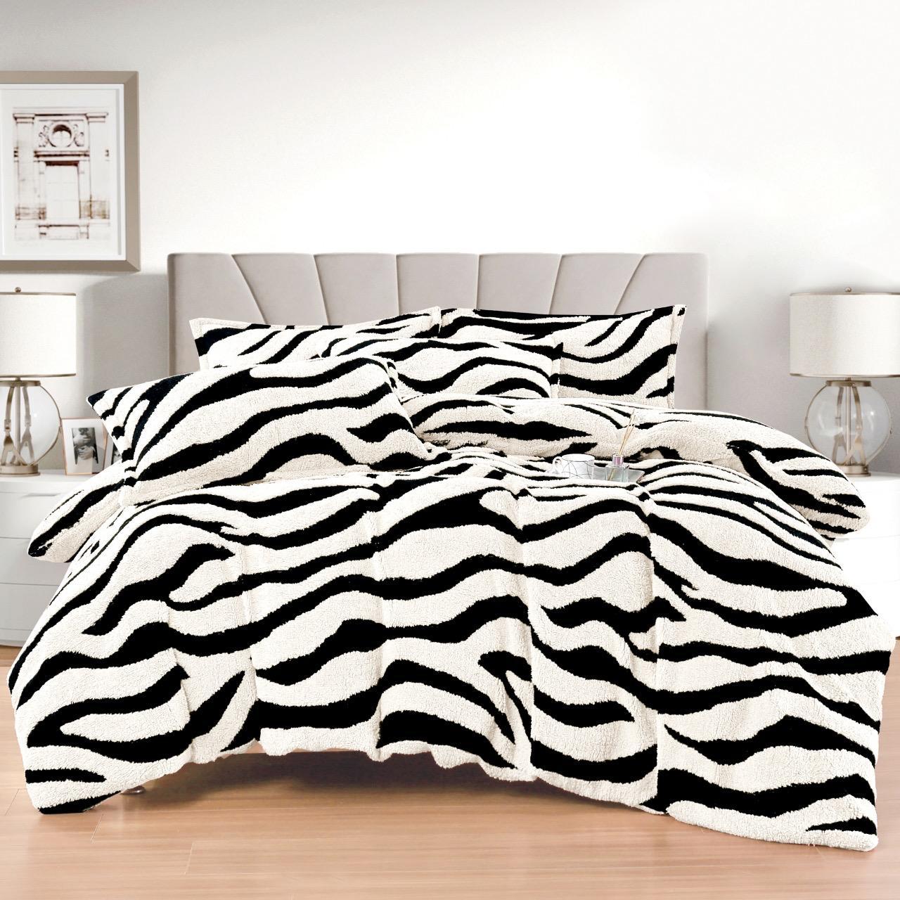 Lenjerie Pat Dublu Super Pufoasă, Cocolino Sherpa, 4 Piese, cu Elastic, Zebra Print-F9747