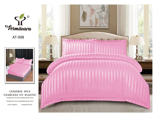 Lenjerie Damasc Finetat 4 Piese cu Elastic, Roz Deschis, Uni-P9606