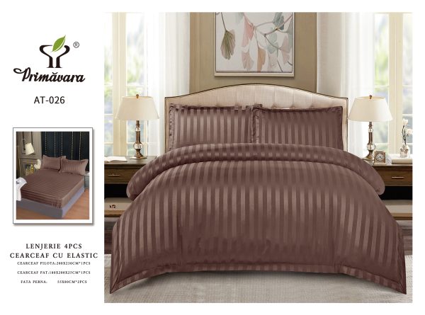 Lenjerie Damasc Finetat 4 Piese cu Elastic, Maro, Uni-P9608