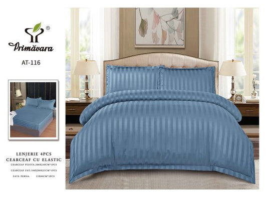 Lenjerie Damasc Finetat 4 Piese cu Elastic, Albastru Inchis, Uni-P9614