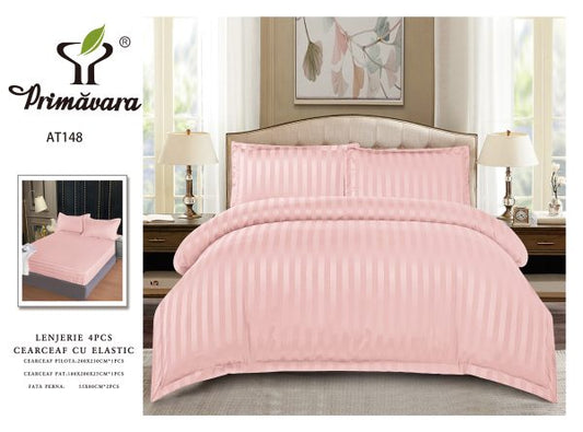 Lenjerie Damasc Finetat 4 Piese cu Elastic, Roze, Uni-P9619