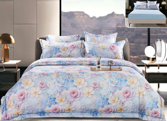 Lenjerie Premium Luxury, Pat Dublu, Satin Gros, 6 Piese cu Elastic, Floricele-A10060