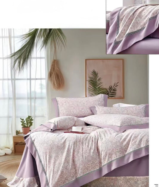 Lenjerie Luxury din Bumbac Satinat Premium, 4 Piese, Lila/Floricele-CF10294