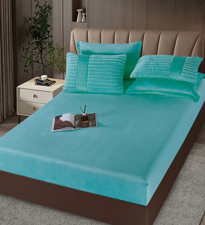 Lenjerie Pat cu Pilota Inclusa, Blanita Iepure Artificiala, Cearceaf de Pat Cu Elastic, 6 Piese, Turcoaz-C9803