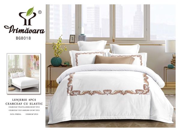 Lenjerie Pat Dublu din Finet, 4 Piese, cu Elastic, Model Elegant, Alb-P8090