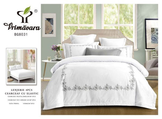 Lenjerie Pat Dublu din Finet, 4 Piese, cu Elastic, Model Elegant cu Flori, Alb-P8081