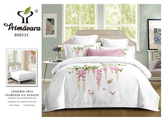 Lenjerie Pat Dublu din Finet, 4 Piese, cu Elastic, Model Elegant, Alb-P8079