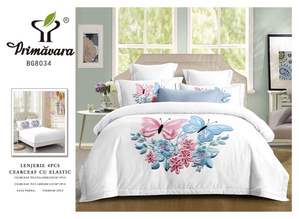 Lenjerie Pat Dublu din Finet, 4 Piese, cu Elastic, Model Elegant Flori/Fluturi, Alb-P8078