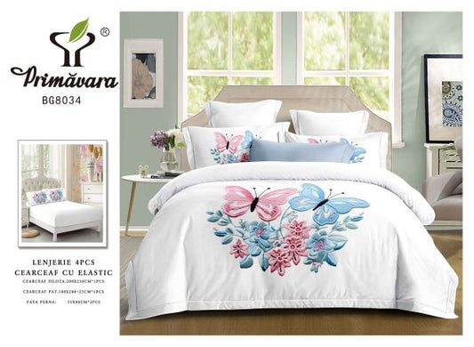 Lenjerie Pat Dublu din Finet, 4 Piese, cu Elastic, Model Elegant Flori/Fluturi, Alb-P8078