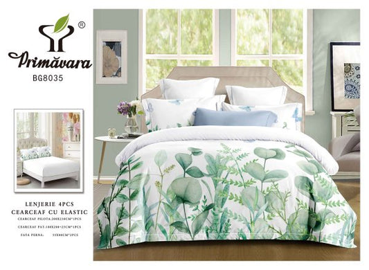 Lenjerie Pat Dublu din Finet, 4 Piese, cu Elastic, Model Elegant cu Flori, Alb-P8076