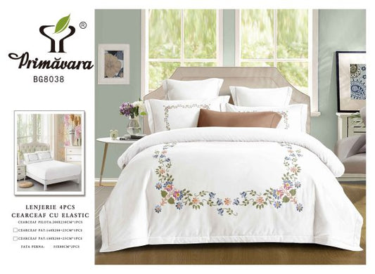 Lenjerie Pat Dublu din Finet, 4 Piese, cu Elastic, Model Elegant cu Flori, Alb-P9601