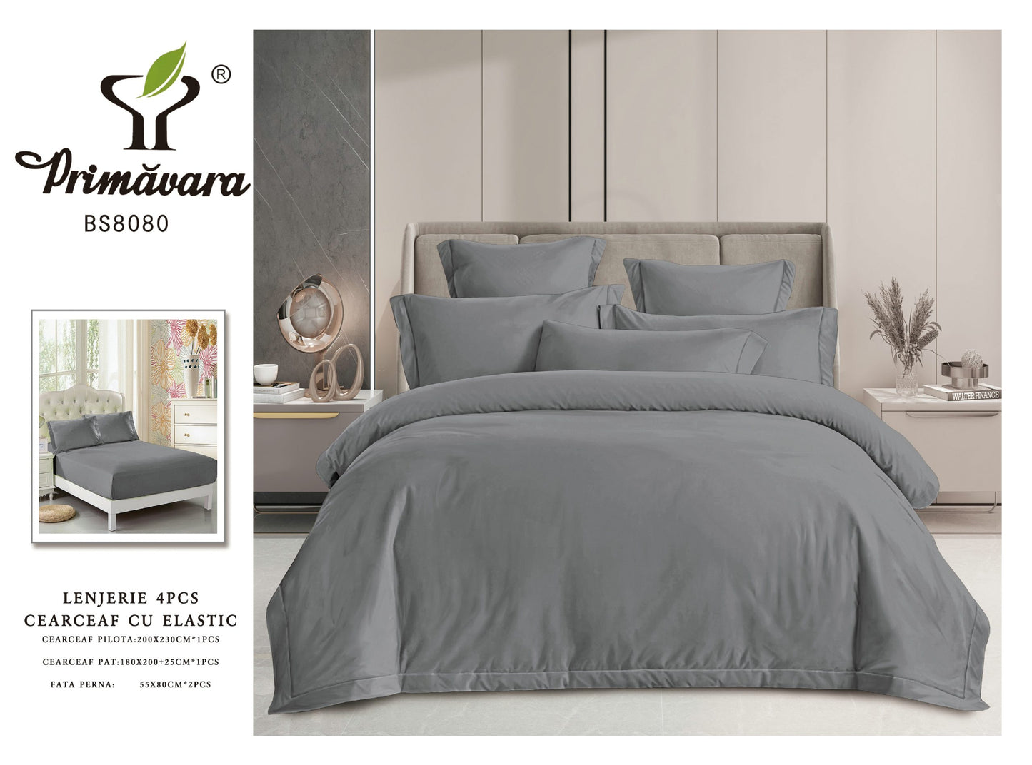 Lenjerie Pat Dublu din Finet Fin Superior, 4 Piese, cu Elastic, Gri Inchis-P9484