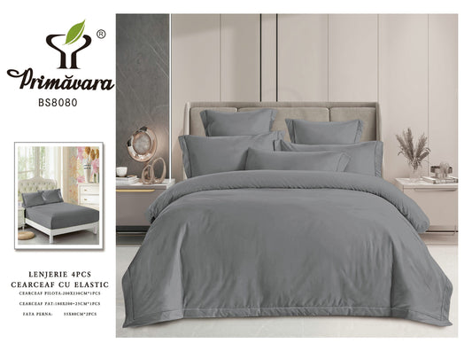 Lenjerie Pat Dublu din Finet Fin Superior, 4 Piese, cu Elastic, Gri Inchis-P9484