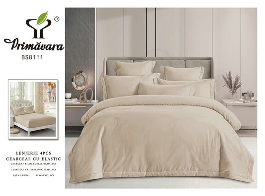 Lenjerie Pat Dublu din Finet Fin Superior, 4 Piese, cu Elastic, Bej Deschis-P9485
