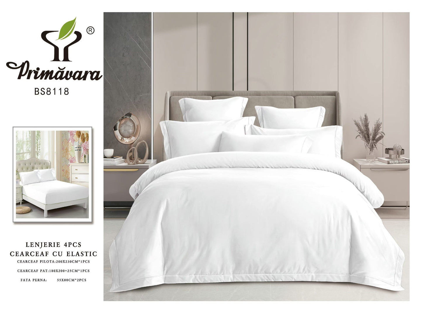 Lenjerie Pat Dublu din Finet Fin Superior, 4 Piese, cu Elastic, Alb-P9486