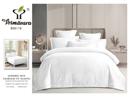 Lenjerie Pat Dublu din Finet Fin Superior, 4 Piese, cu Elastic, Alb-P9486