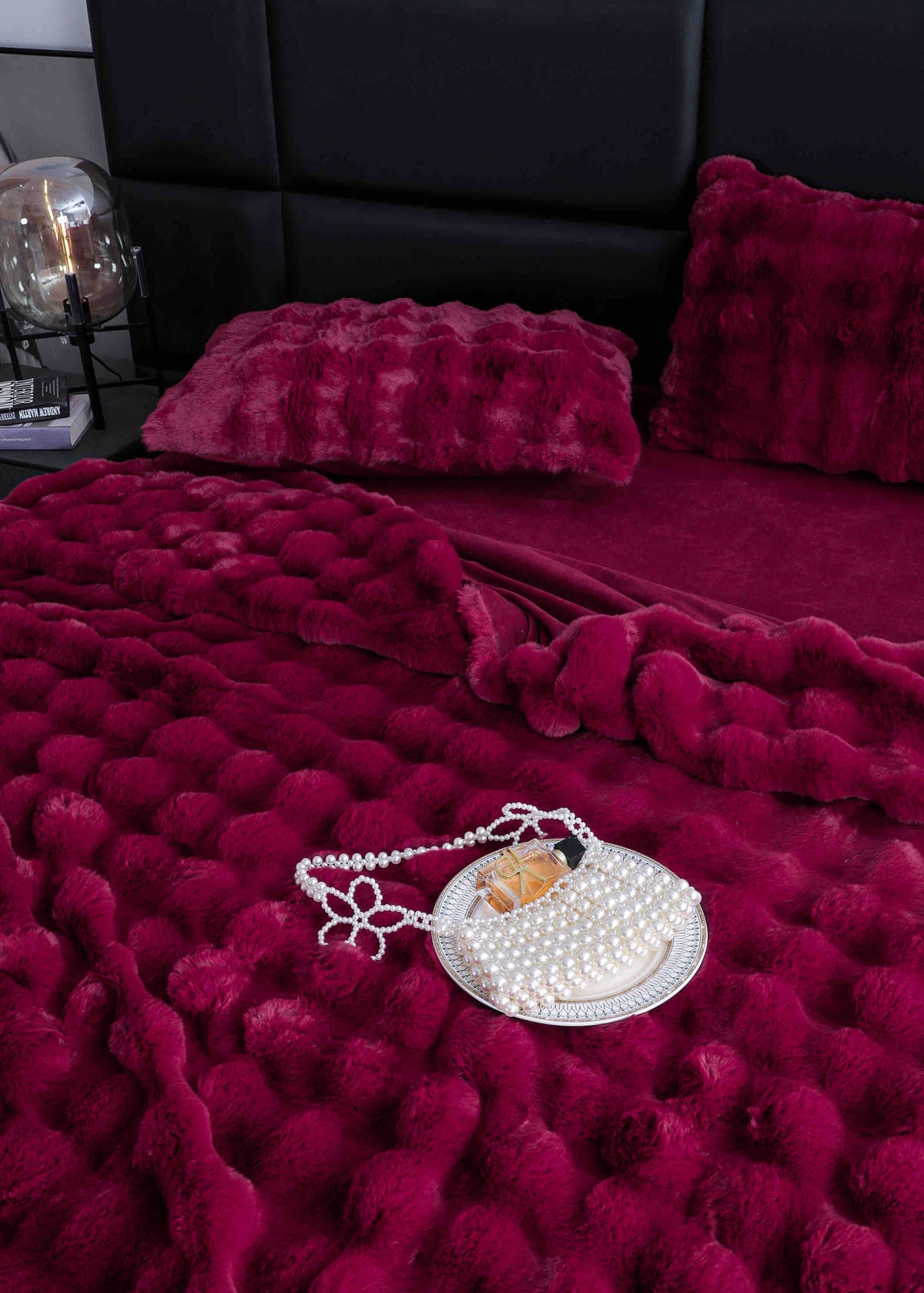 Lenjerie Luxury ExtraPufoasa, din Blanita Artificiala Tip Iepure, 6 piese, Grena
