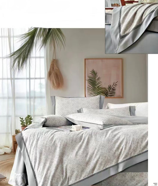 Lenjerie Luxury din Bumbac Satinat Premium, 4 Piese, Gri/Floricele-CF10296