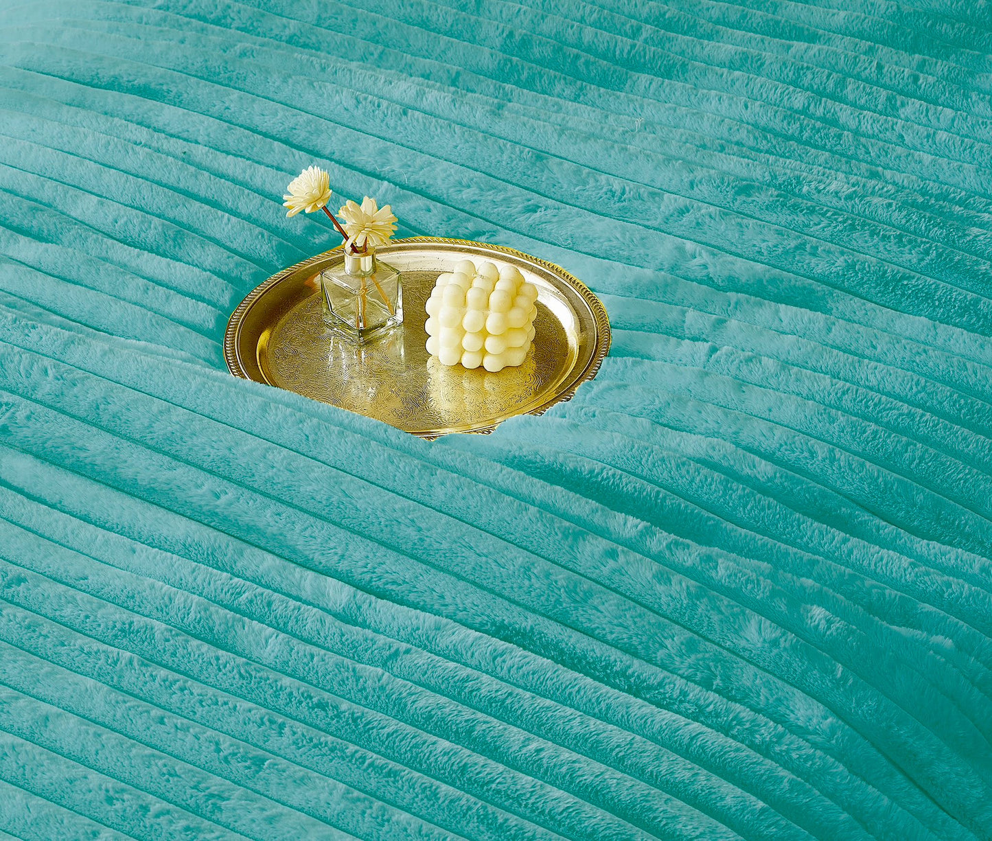 Lenjerie Pat cu Pilota Inclusa, Blanita Iepure Artificiala, Cearceaf de Pat Cu Elastic, 6 Piese, Turcoaz-C9803