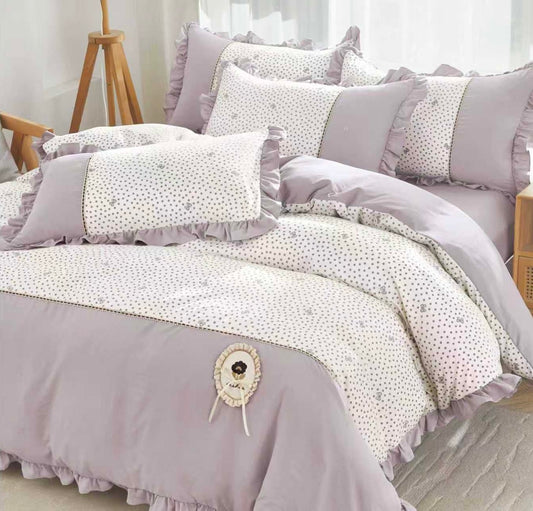 Lenjerie Bumbac Finet Premium 4 Piese cu Volanase, Lila/Floricele-M10531