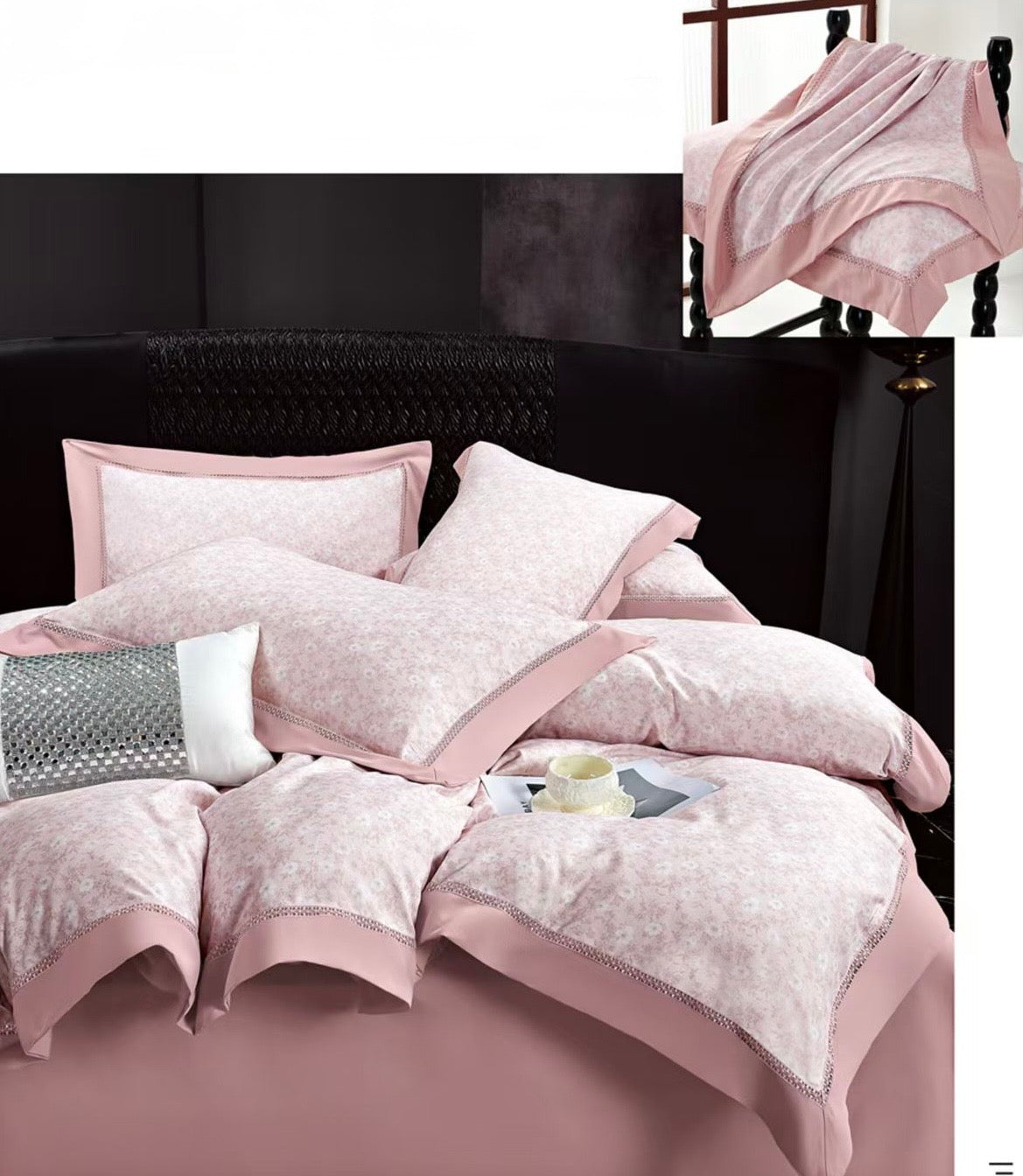 Lenjerie Luxury din Bumbac Satinat Premium, 4 Piese, Roz/Floricele-CF10288