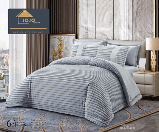 Lenjerie Pat cu Pilota Inclusa, Blanita Iepure Artificiala, Cearceaf de Pat Cu Elastic, 6 Piese, Gri Deschis-C9807