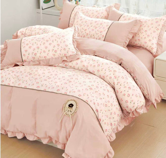 Lenjerie Bumbac Finet Premium 4 Piese cu Volanase, Roz/Floricele-M10524