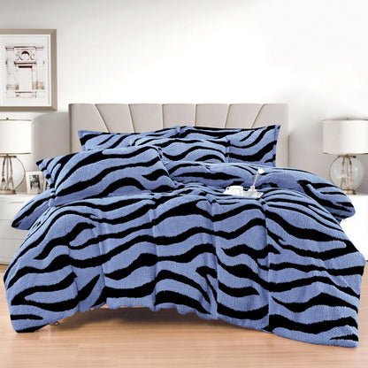 Lenjerie Pat Dublu Super Pufoasă, Cocolino Sherpa, 4 Piese, cu Elastic, Albastru/Zebra Print-F9745