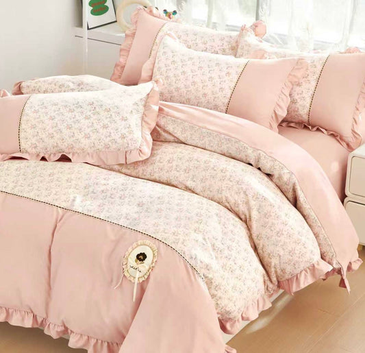 Lenjerie Bumbac Finet Premium 4 Piese cu Volanase, Roz Deschis/Floricele-M10530