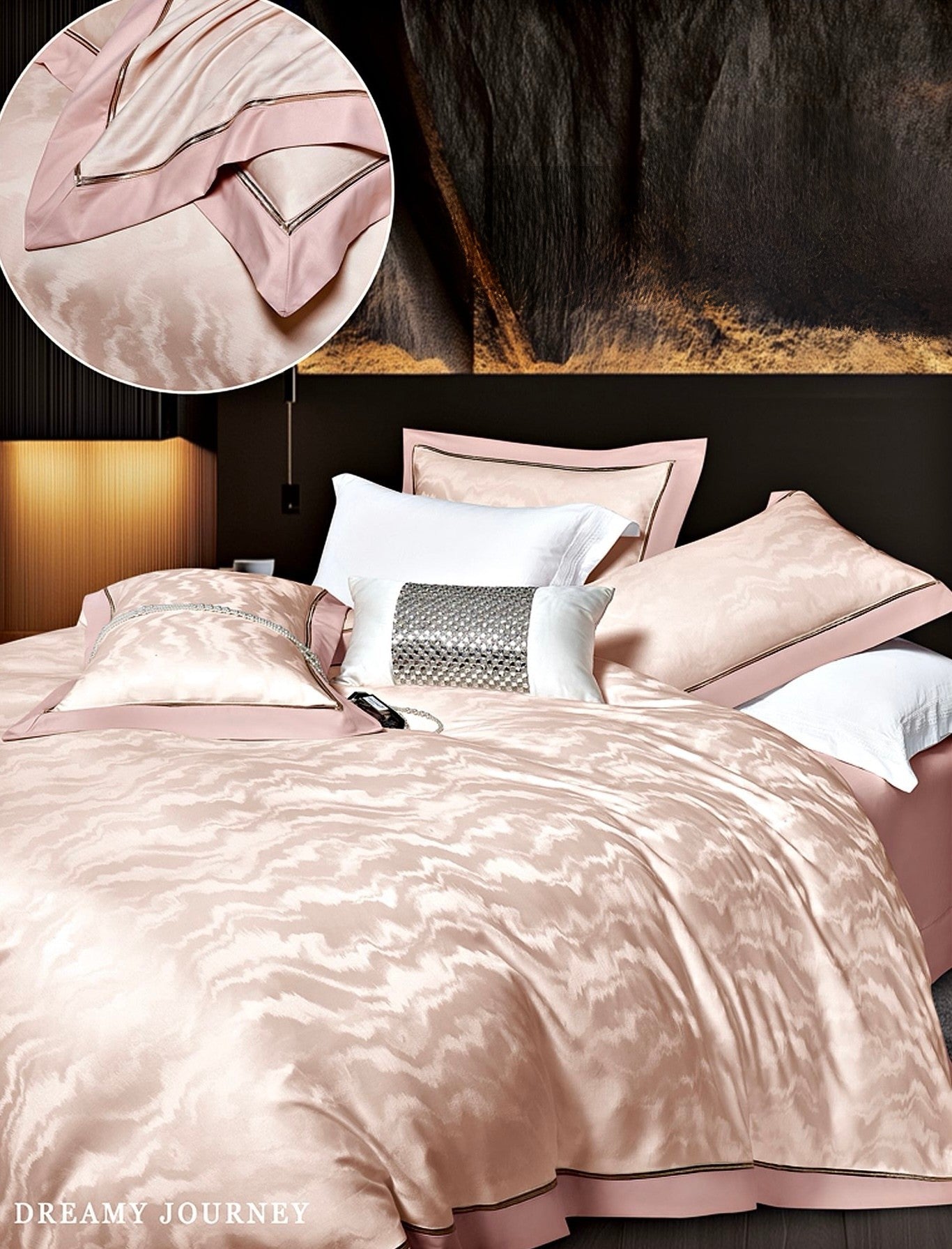 Lenjerie Luxury din Bumbac Satinat Premium, 4 Piese, Roz/Valuri-CF10302