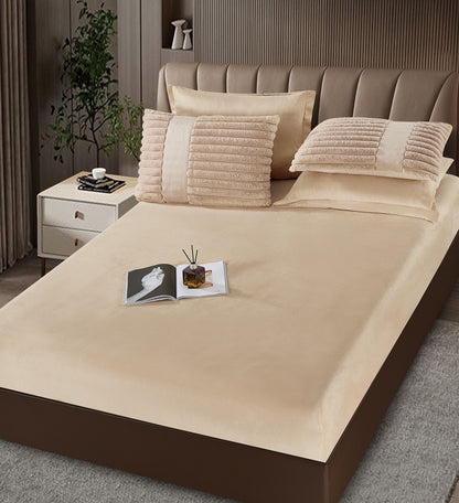 Lenjerie Pat cu Pilota Inclusa, Blanita Iepure Artificiala, Cearceaf de Pat Cu Elastic, 6 Piese, Bej-C9805