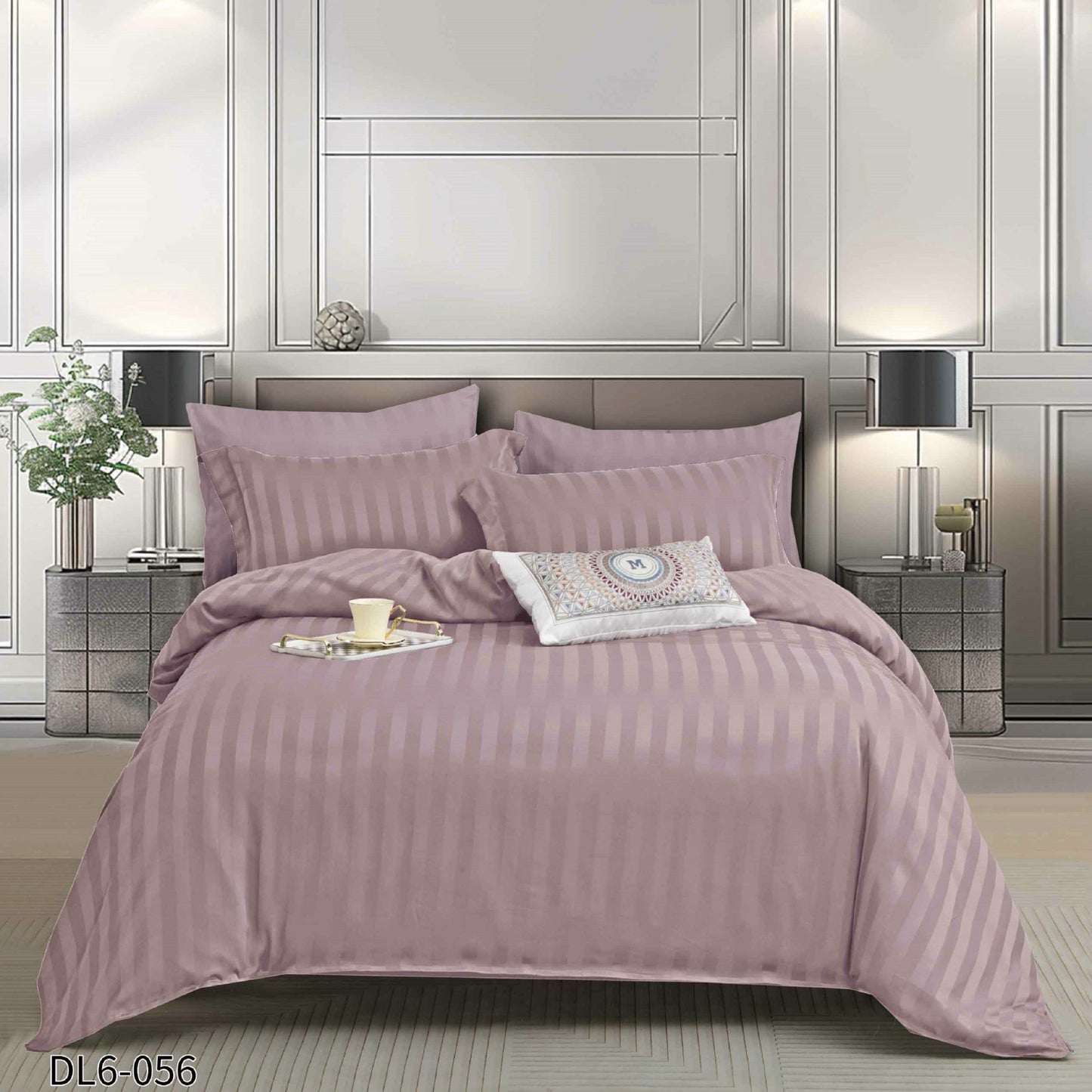 Lenjerie Damasc Finetat Deluxe, 6 Piese cu Elastic, Lila-P10234