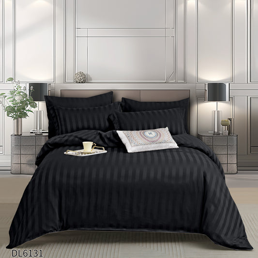 Lenjerie Damasc Finetat Deluxe, 6 Piese cu Elastic, Negru-P10246