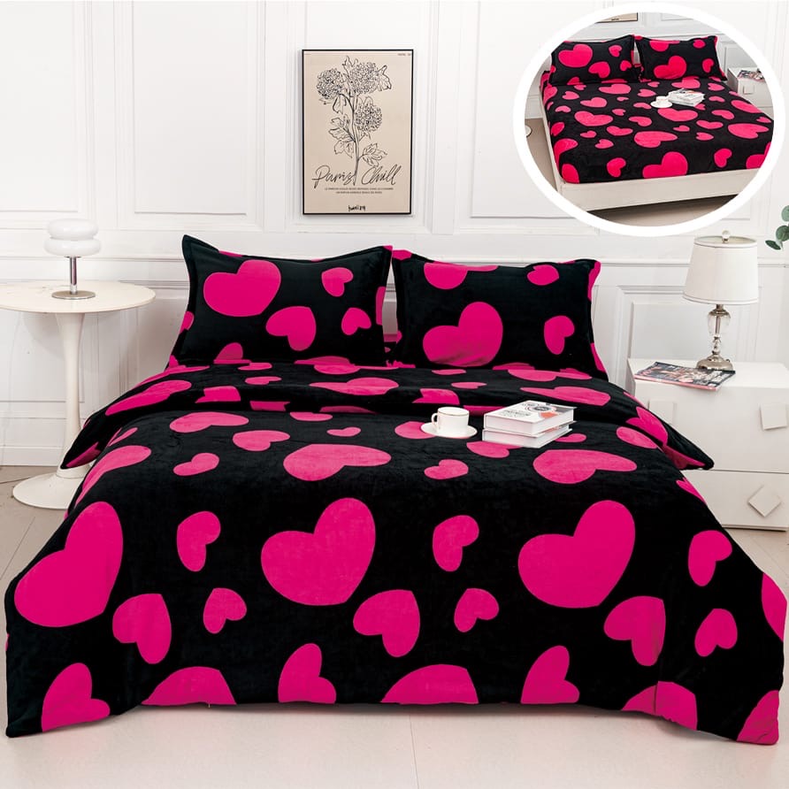 Lenjerie Cocolino 4 Piese cu Elastic, Pat Dublu, Negru/Inimi-A9533