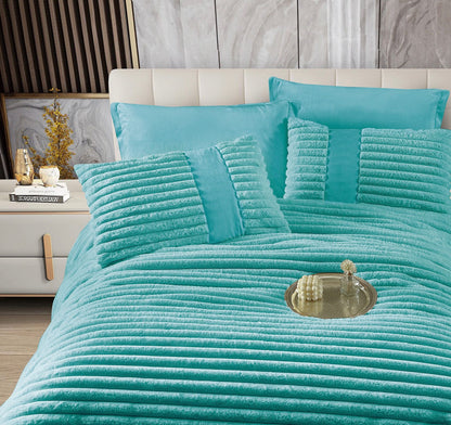 Lenjerie Pat cu Pilota Inclusa, Blanita Iepure Artificiala, Cearceaf de Pat Cu Elastic, 6 Piese, Turcoaz-C9803