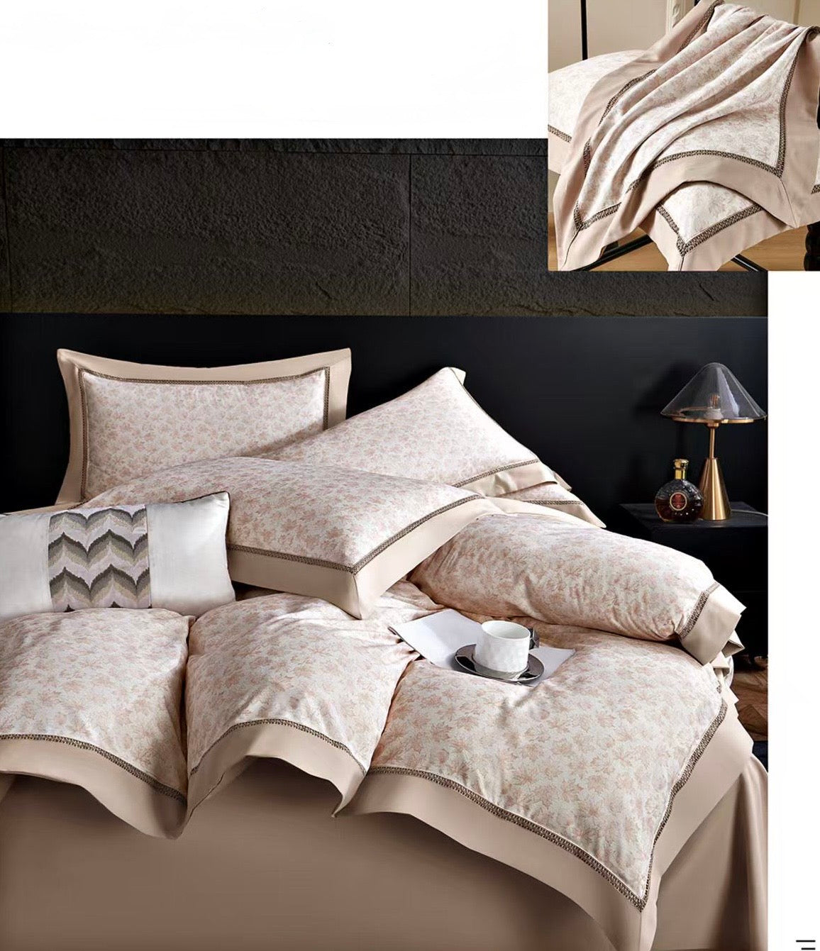 Lenjerie Luxury din Bumbac Satinat Premium, 4 Piese, Bej/Floricele-CF10292