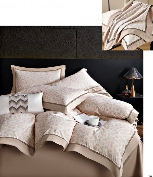 Lenjerie Luxury din Bumbac Satinat Premium, 4 Piese, Bej/Floricele-CF10292