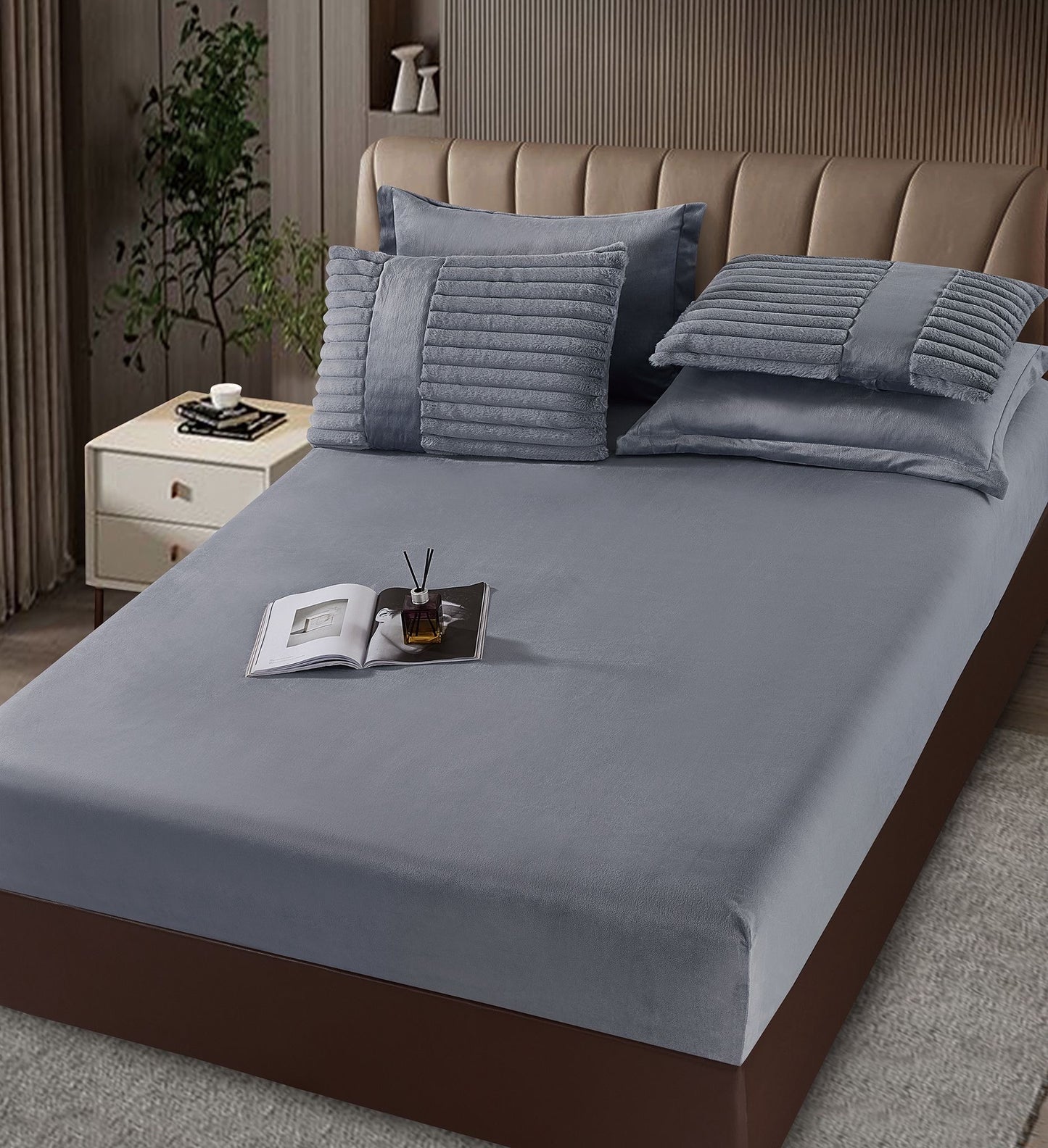 Lenjerie Pat cu Pilota Inclusa, Blanita Iepure Artificiala, Cearceaf de Pat Cu Elastic, 6 Piese, Gri Închis-C9804