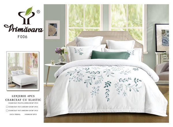 Lenjerie Pat Dublu din Finet, 4 Piese, cu Elastic, Model Elegant, Alb-P9603