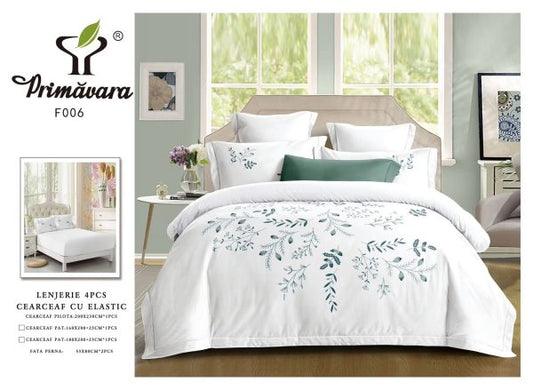 Lenjerie Pat Dublu din Finet, 4 Piese, cu Elastic, Model Elegant, Alb-P9603