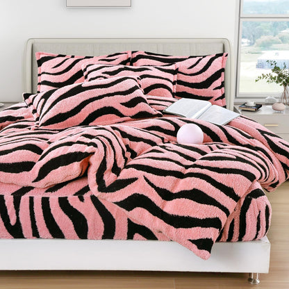 Lenjerie Pat Dublu Super Pufoasă, Cocolino Sherpa, 4 Piese, cu Elastic, Roz/Zebra Print-F9744