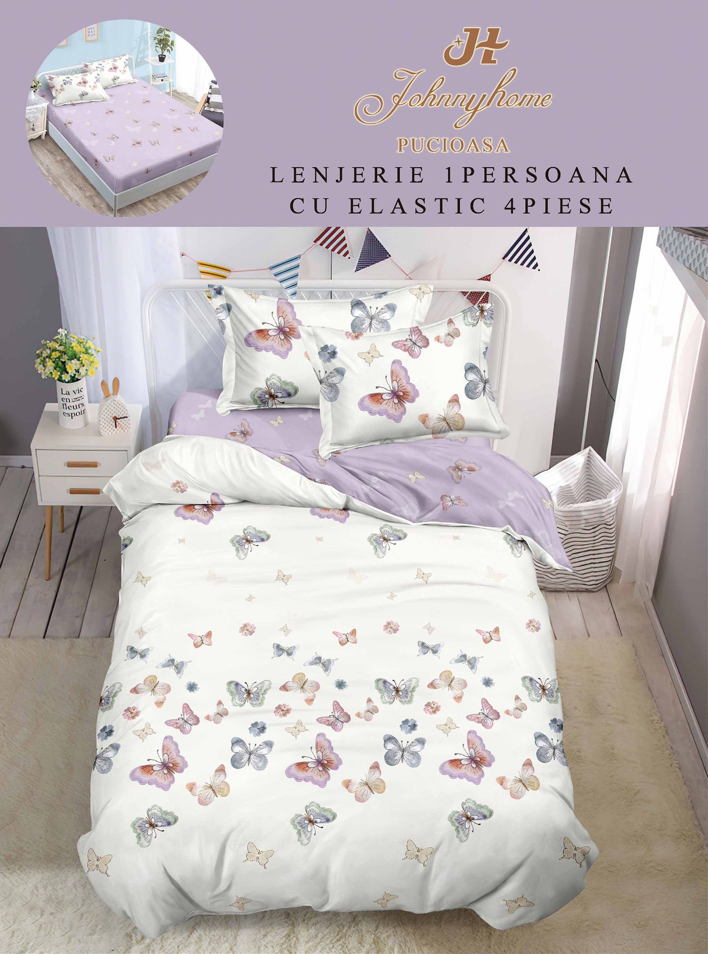 Lenjerie Finet 4 Piese 1 Persoana, cu Elastic, Fluturi-H9050