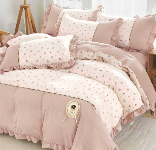 Lenjerie Bumbac Finet Premium 4 Piese cu Volanase, Roz Inchis/Floricele-M10528