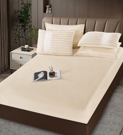 Lenjerie Pat cu Pilota Inclusa, Blanita Iepure Artificiala, Cearceaf de Pat Cu Elastic, 6 Piese, Crem-C9799