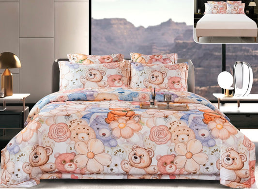 Lenjerie Premium Luxury, Pat Dublu, Satin Gros, 6 Piese cu Elastic, Ursuleți/Floricele-A10057