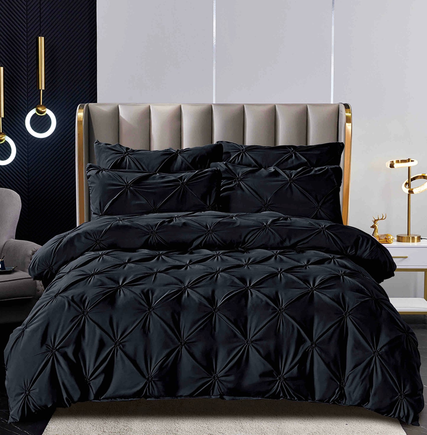 Lenjerie Bumbac Finetat Premium, Soft Touch, 6 Piese, cu Elastic si Pliuri Brodate, Negru-C10783