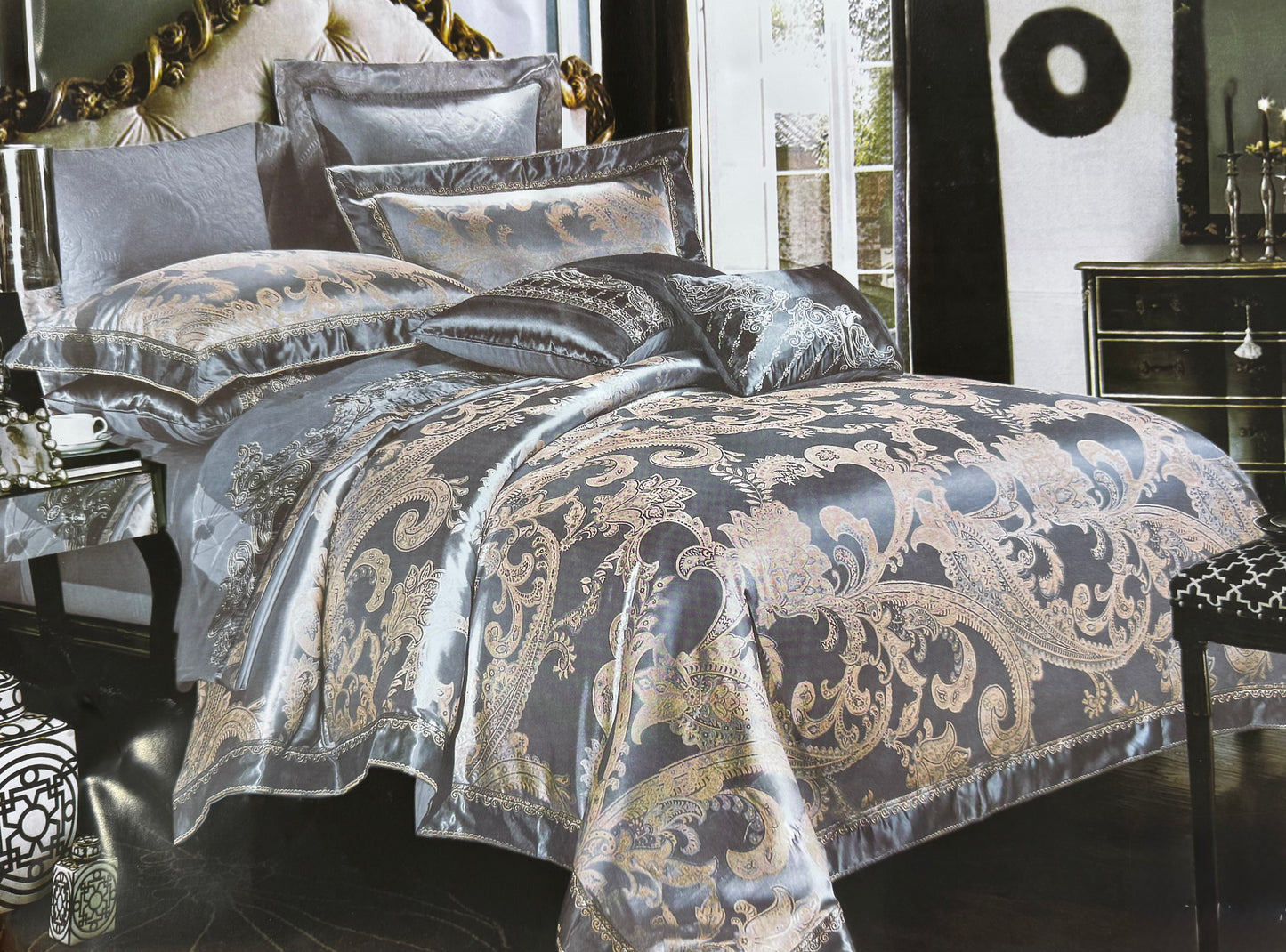 Lenjerie de pat Jacquard Premium De Lux, 6 Piese, Bleu/Model Regal-R10363