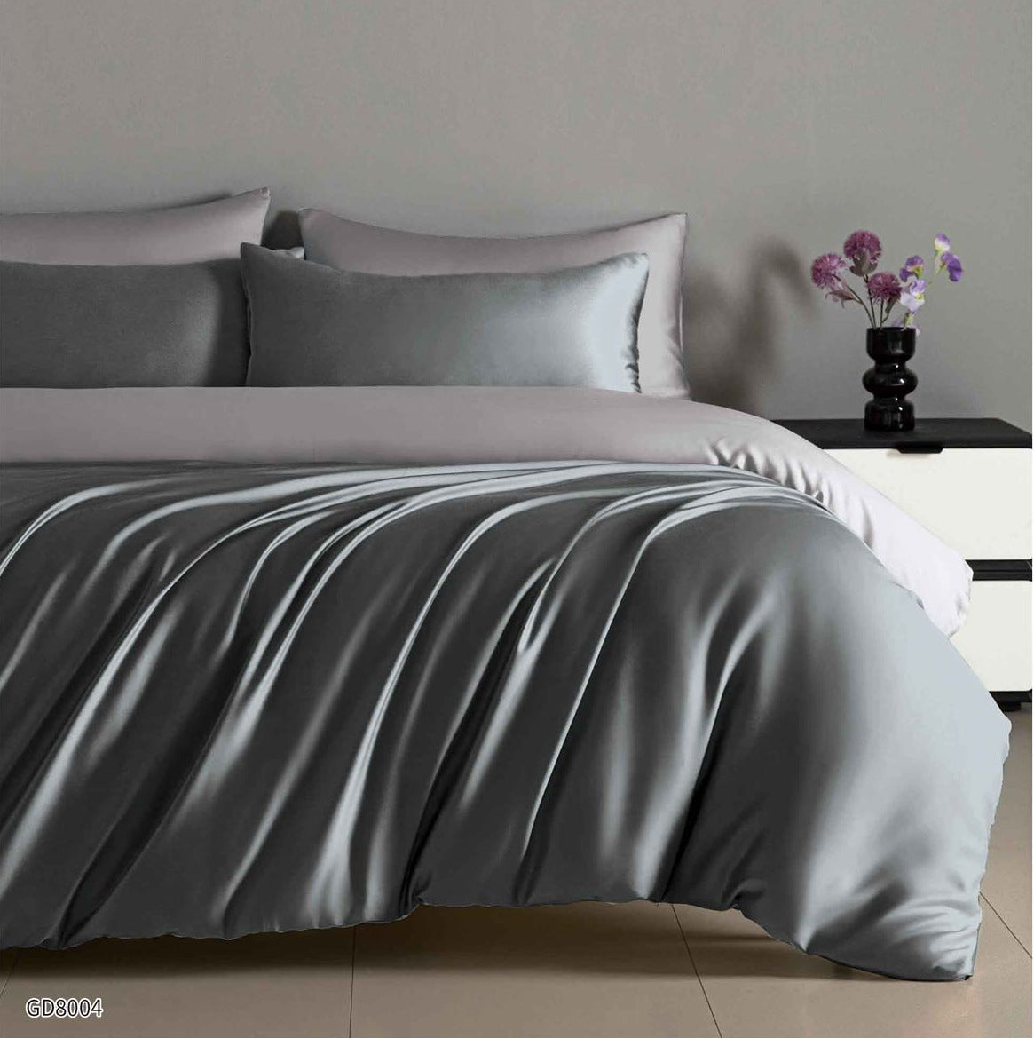 Lenjerie Pat Dublu din Satin Extra Fin, 4 Piese, cu Elastic, Gri Inchis/Gri Deschis-P8788